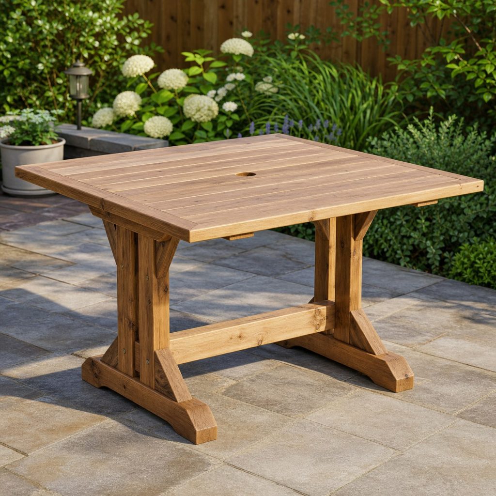 Wooden trestle patio table with central pole opening and wide stable feet