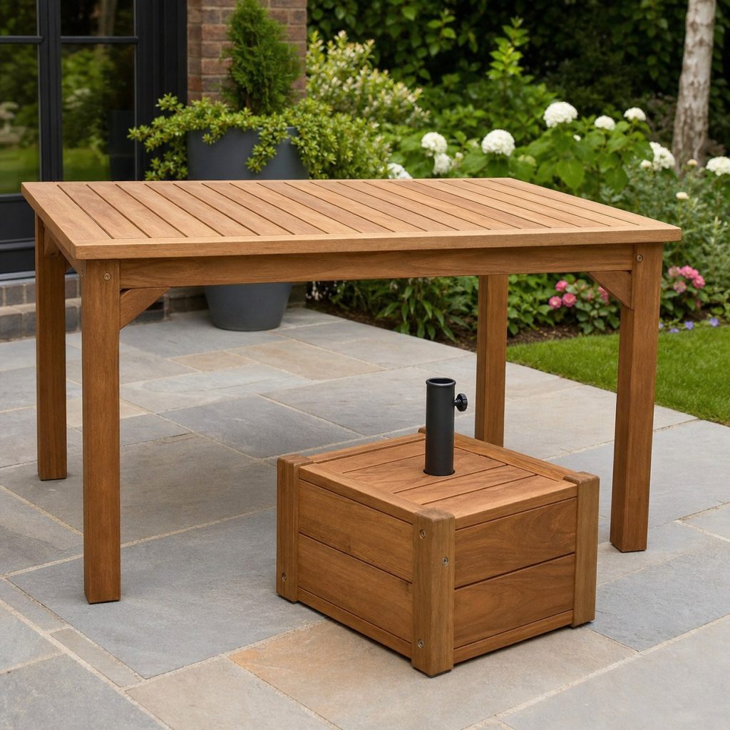Wooden patio table surrounding a separate broad planter-style umbrella base