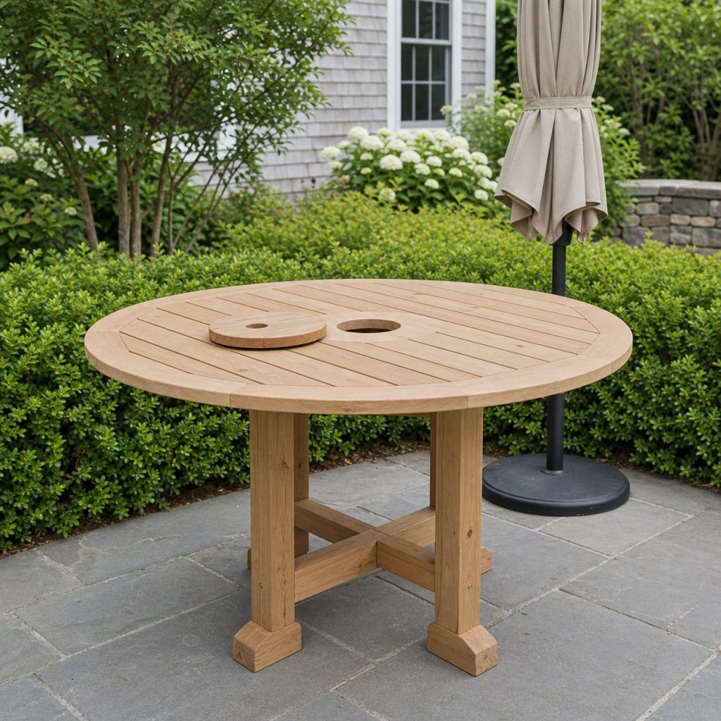 Wooden outdoor table with removable center collar beside a closed umbrella