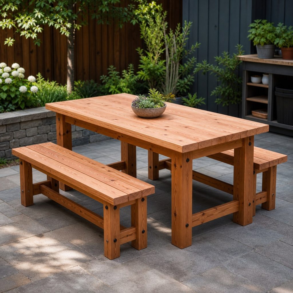 Rectangular wooden picnic table with two separate backless benches