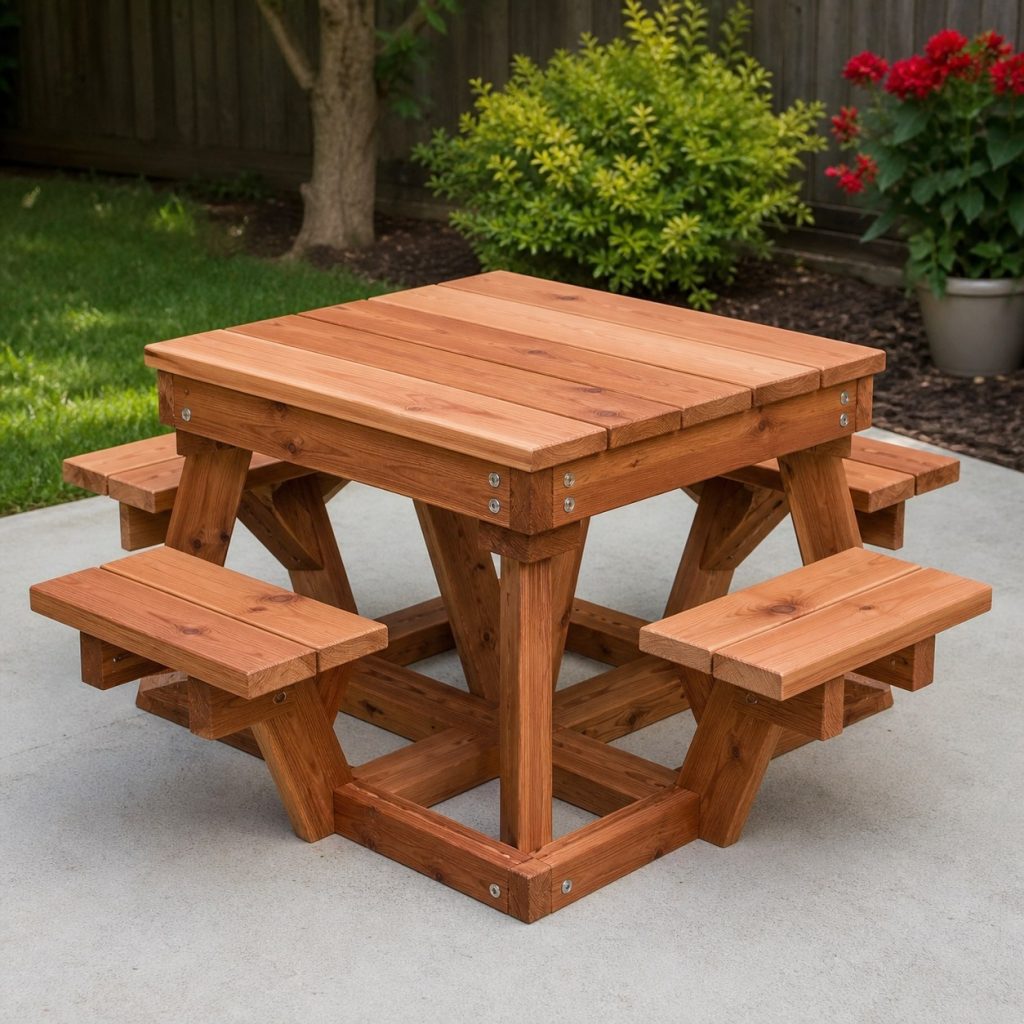 Compact square cedar picnic table with four individual seat openings