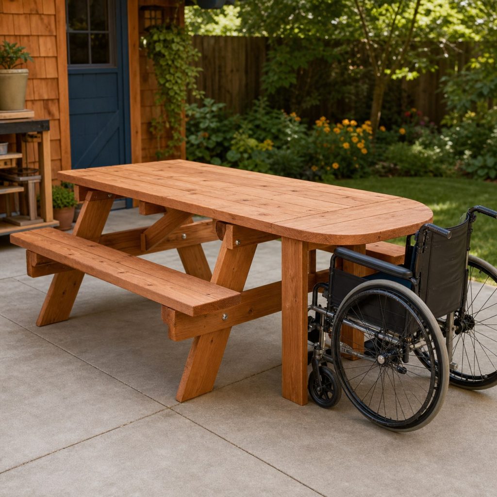 Wooden picnic table with extended tabletop end and clear wheelchair approach