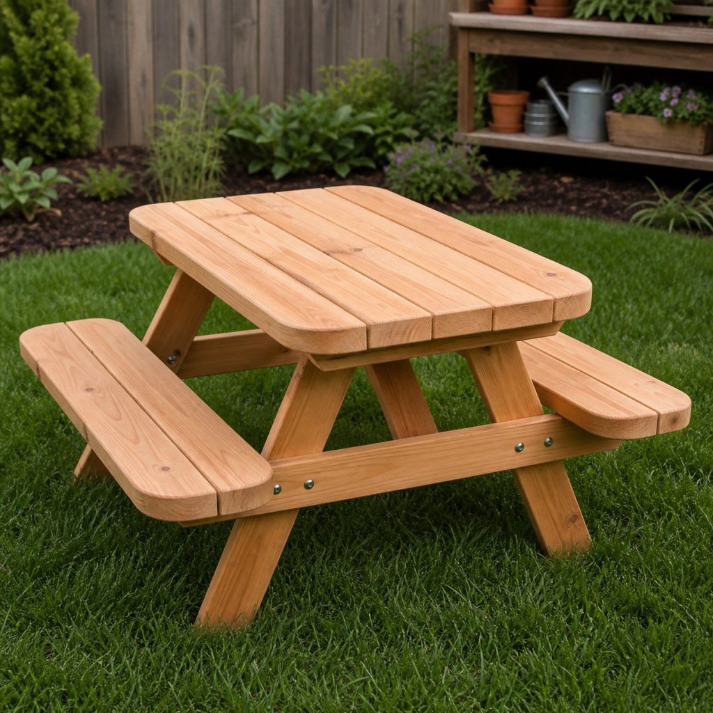 Small cedar child-size picnic table with rounded corners and broad stable base