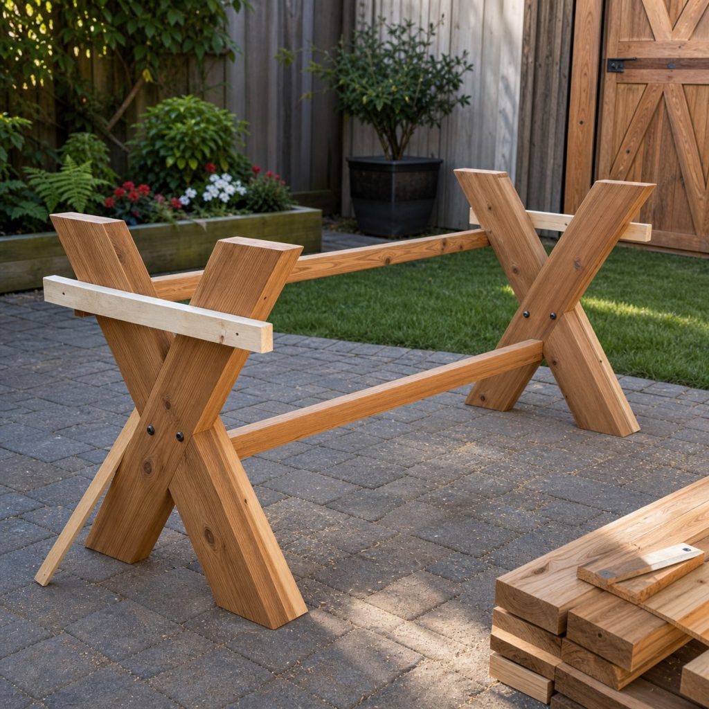 Picnic table leg frames under assembly with stretcher rails and temporary braces