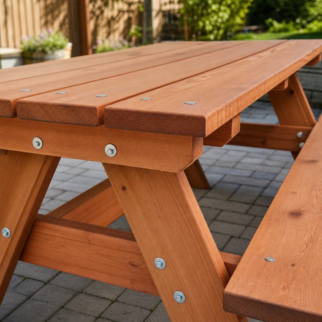 Close view of picnic table top boards seat supports gaps and exterior fasteners