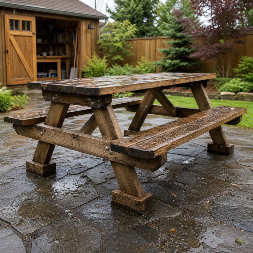 Weathered cedar picnic table drying after rain on raised stable feet
