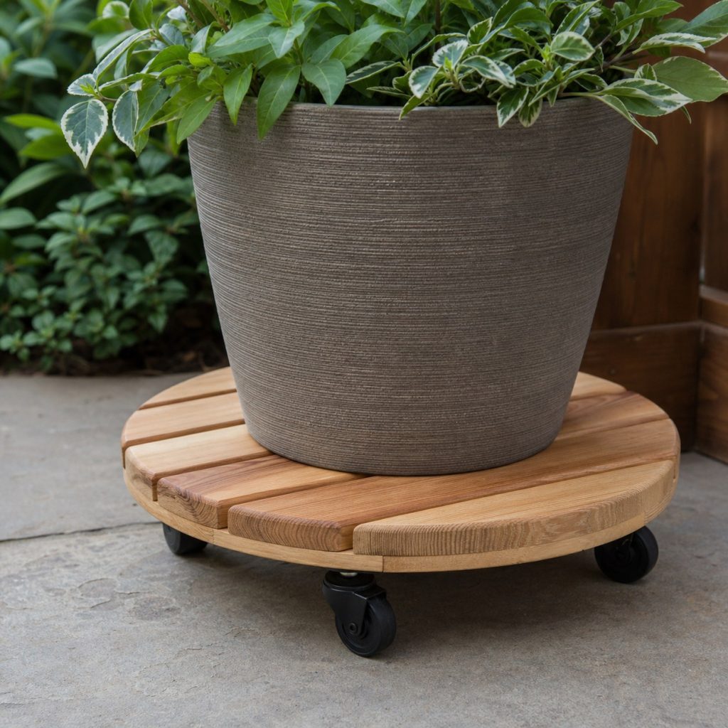 Circular wooden plant caddy with four recessed casters under a round planter