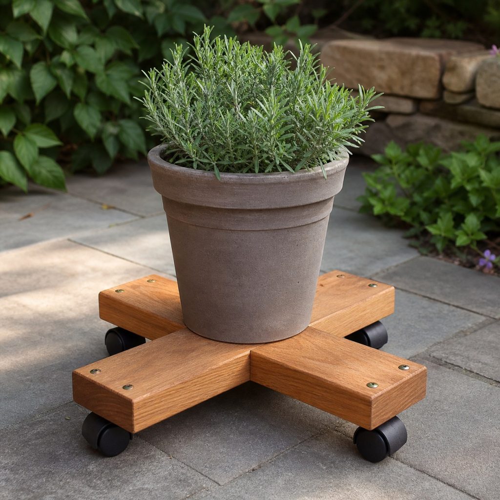 Wooden plant dolly made from two intersecting broad rails with a centered pot