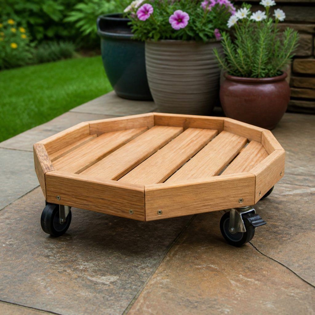 Octagonal wooden rolling plant base with small raised rim and large locking wheels