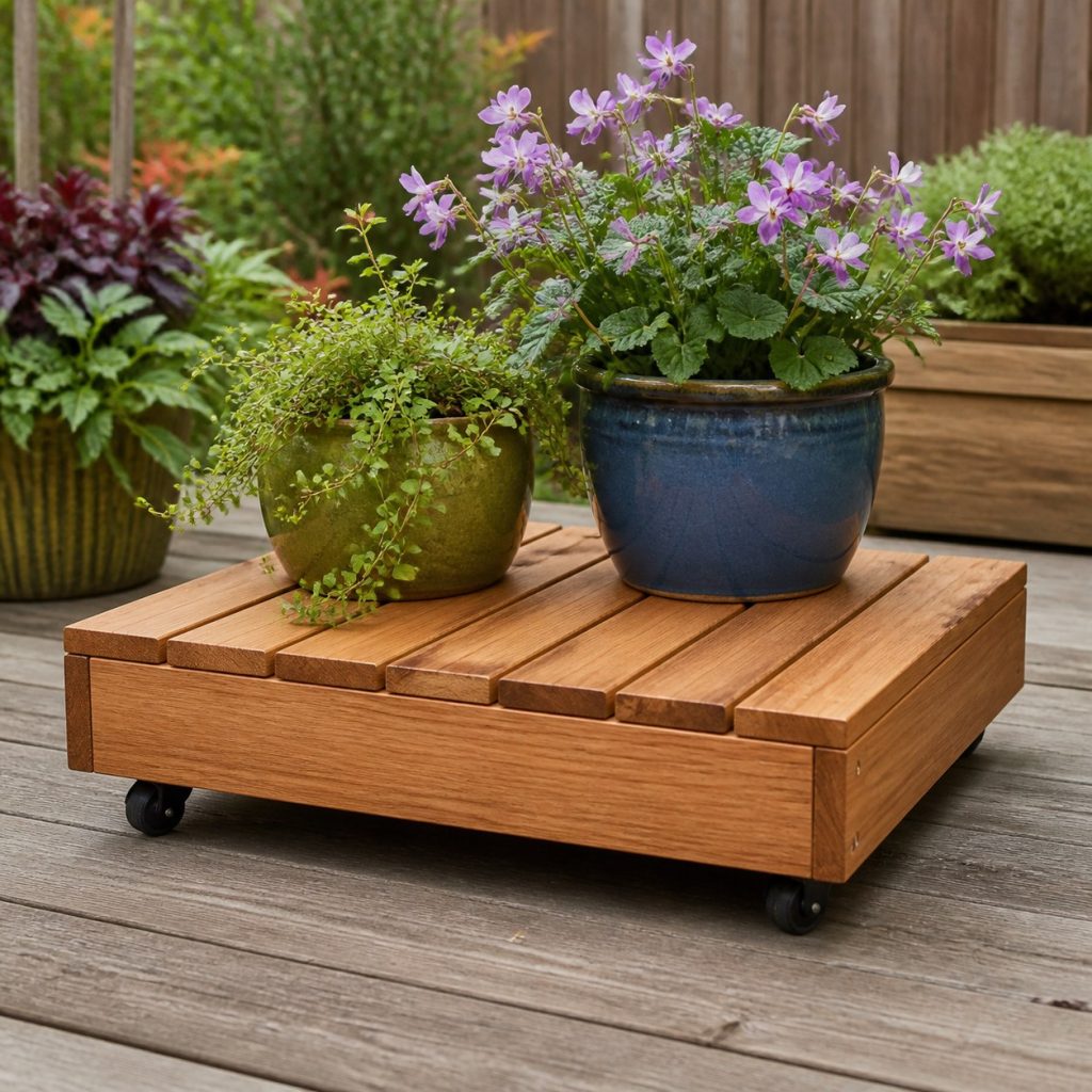 Low wooden plant platform with skirt concealing but not enclosing four casters