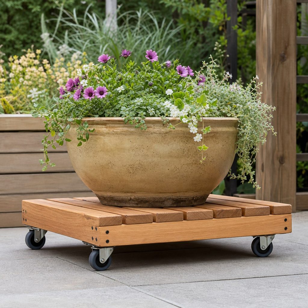 Thick wooden plant dolly with six rated casters beneath a broad planter