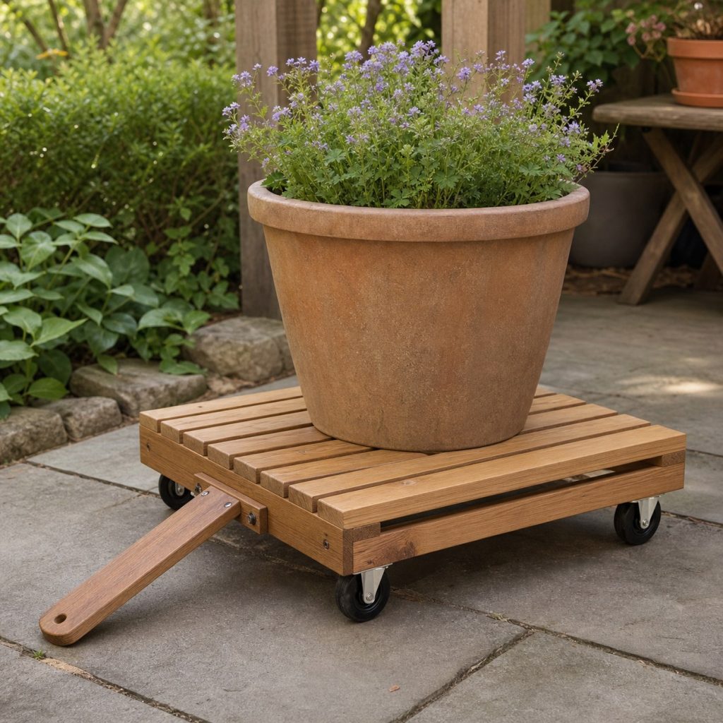 Wooden rolling plant base with removable low pull handle parked on level paving