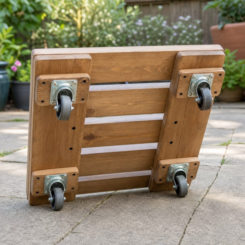 Close view under wooden plant dolly showing caster plates, reinforced blocks, drain gaps, and sealed end grain