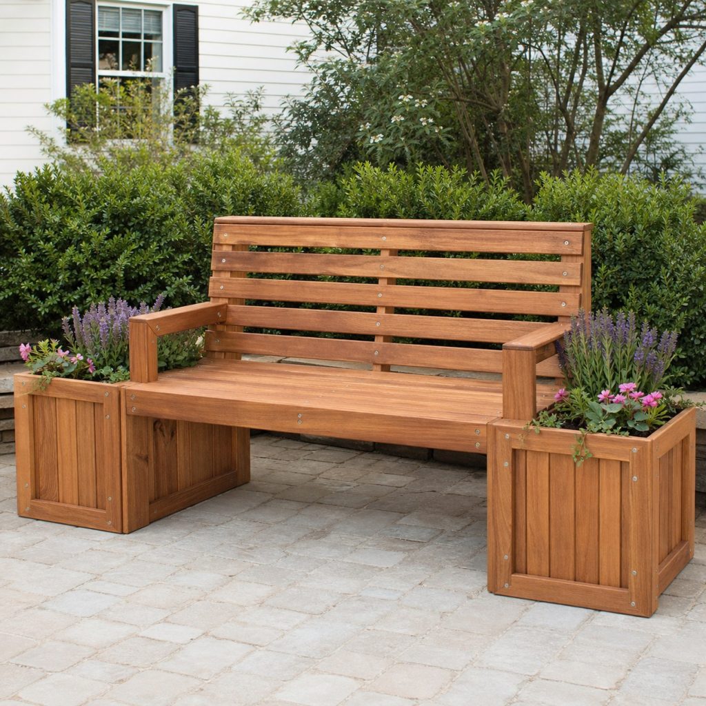 Wooden slatted bench with supportive back between two flower planters