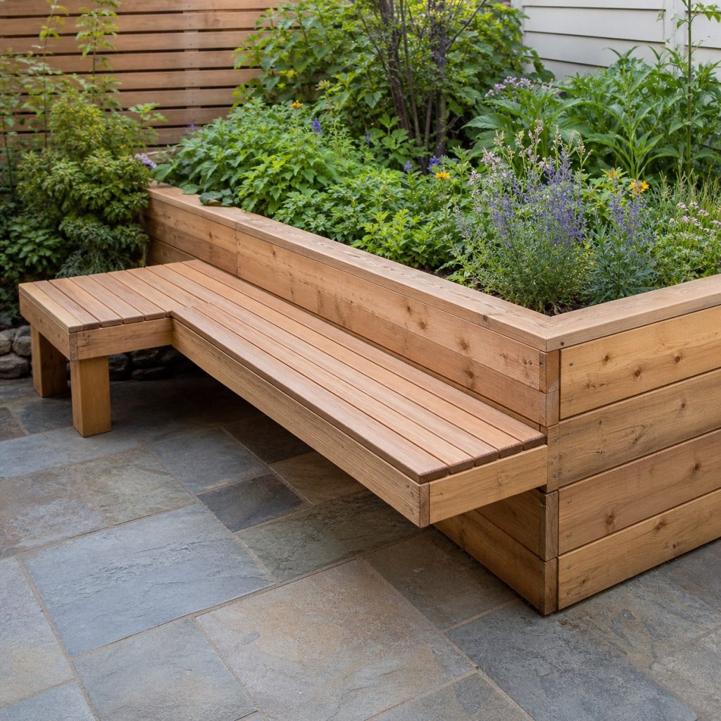 L-shaped wooden corner bench wrapping around a raised garden planter