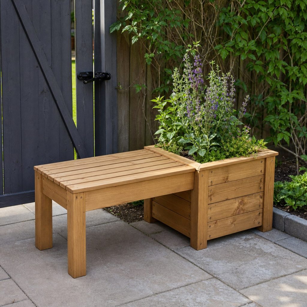 Small wooden planter bench beside a garden gate with one end planter