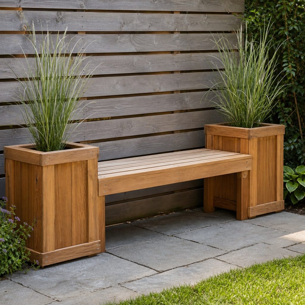 Wooden bench between tall narrow planters filled with ornamental grass