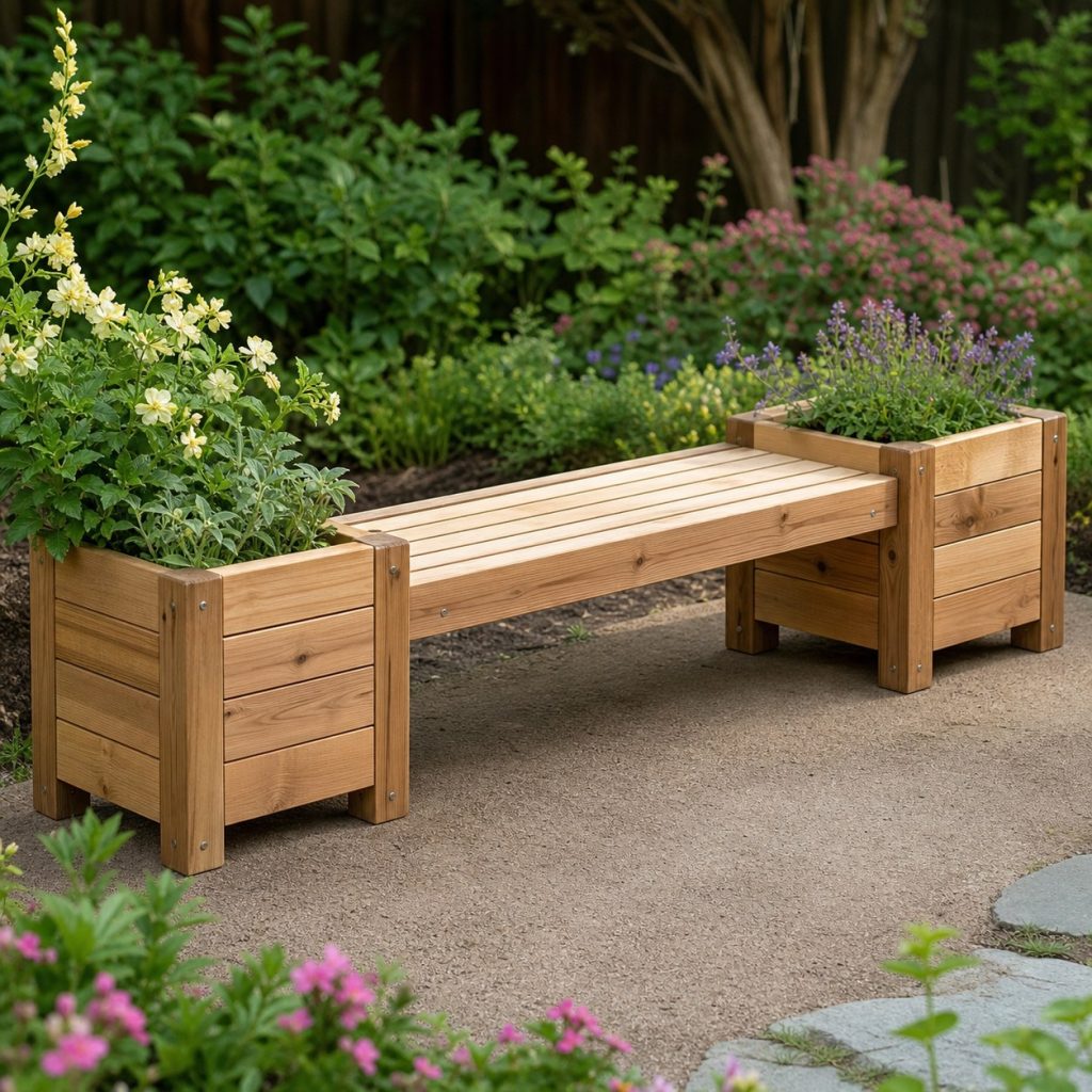 Backless wooden planter bench beside a wide firm garden path with open transfer end