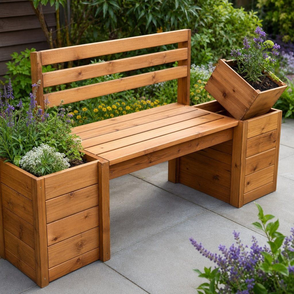 Wooden planter bench with one removable inner planting box lifted slightly for inspection