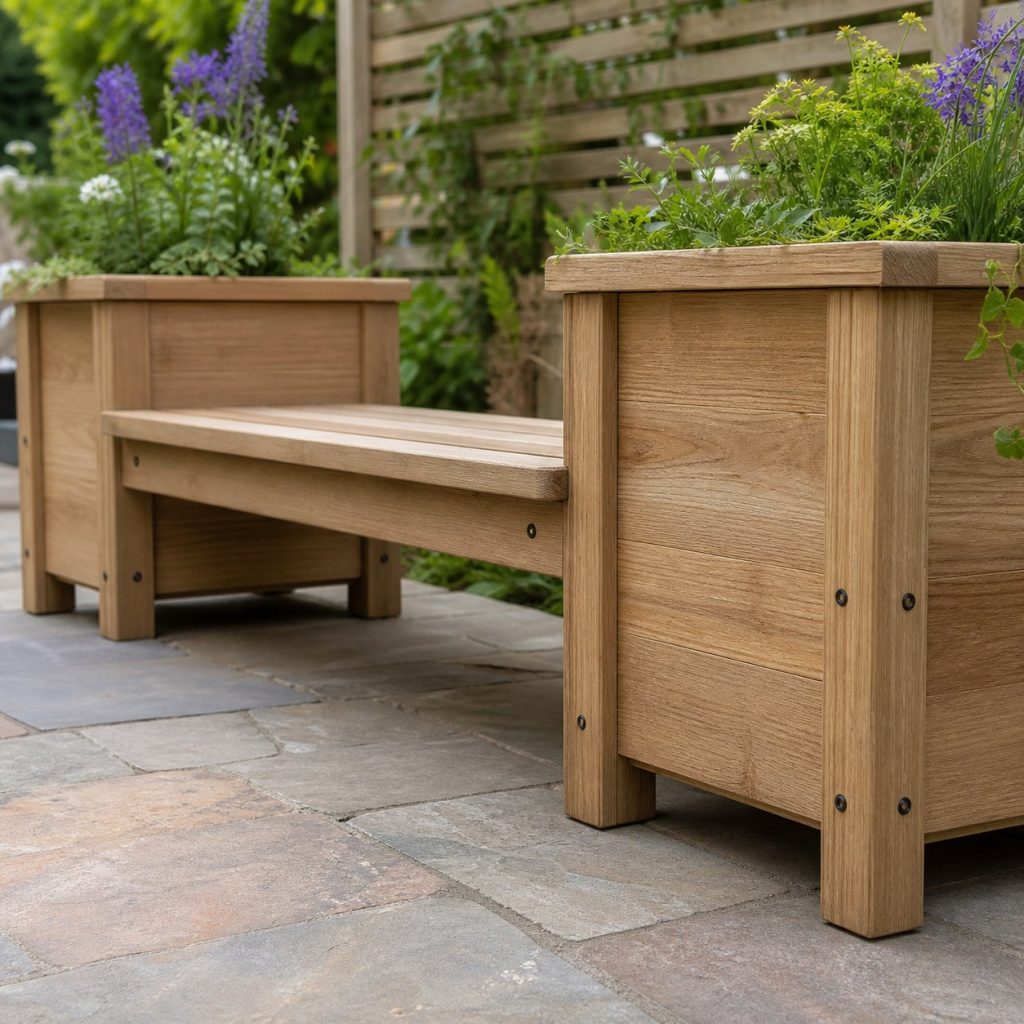 Close view beneath a planter bench showing independent seat rails, planter feet, drain gaps, and exterior screws