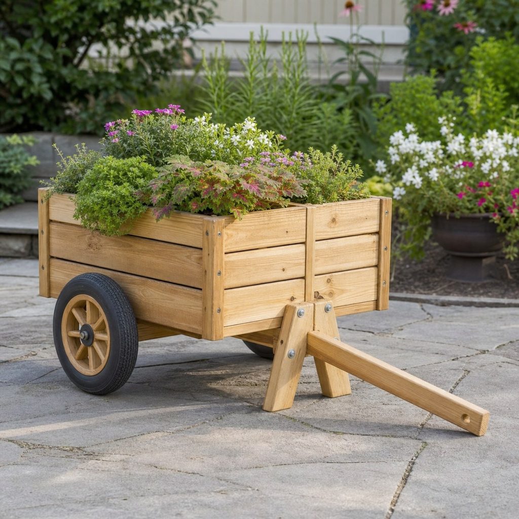 Wooden planter cart with two large wheels, front feet, and a long pull handle