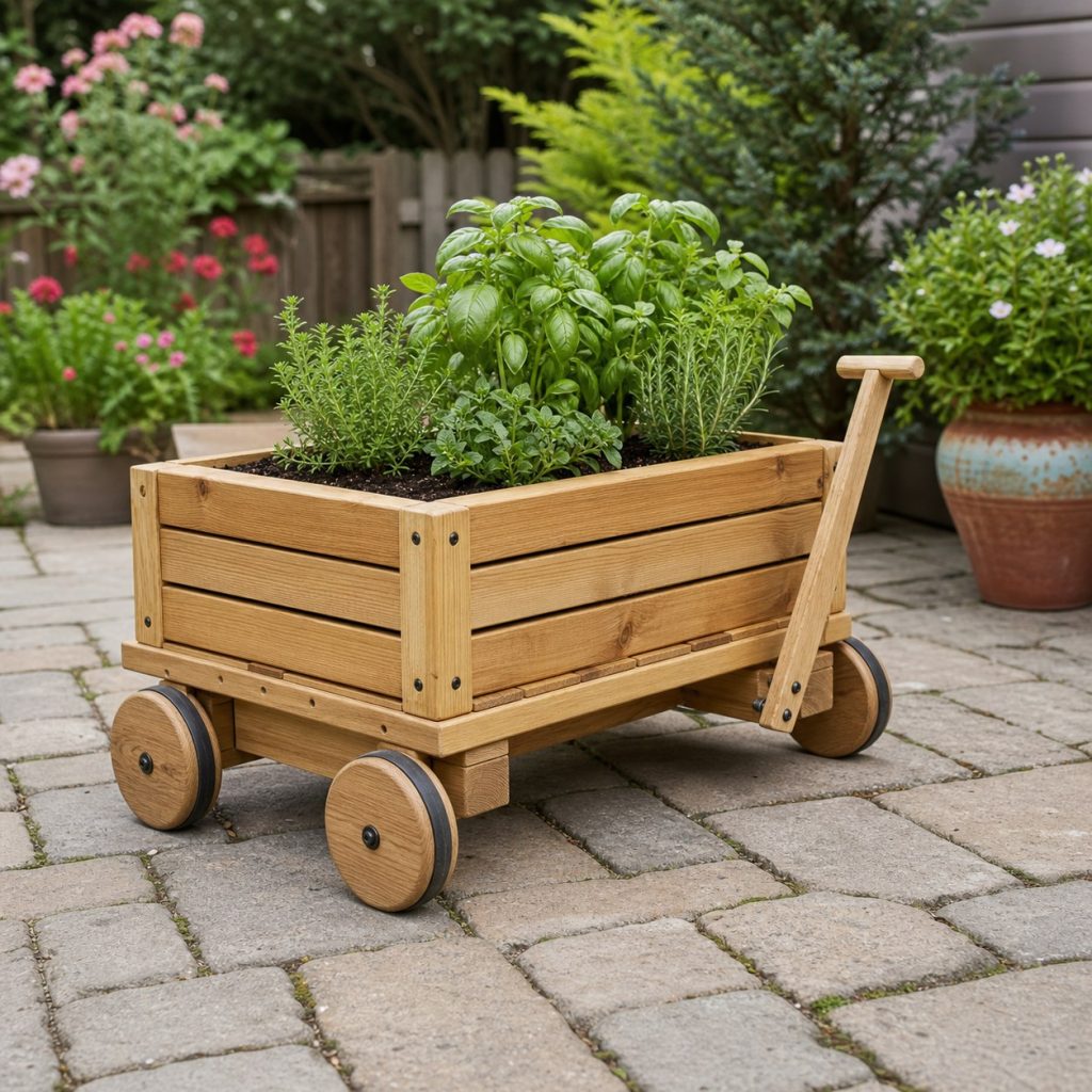 Low wooden herb planter wagon with broad wheels and short steering handle