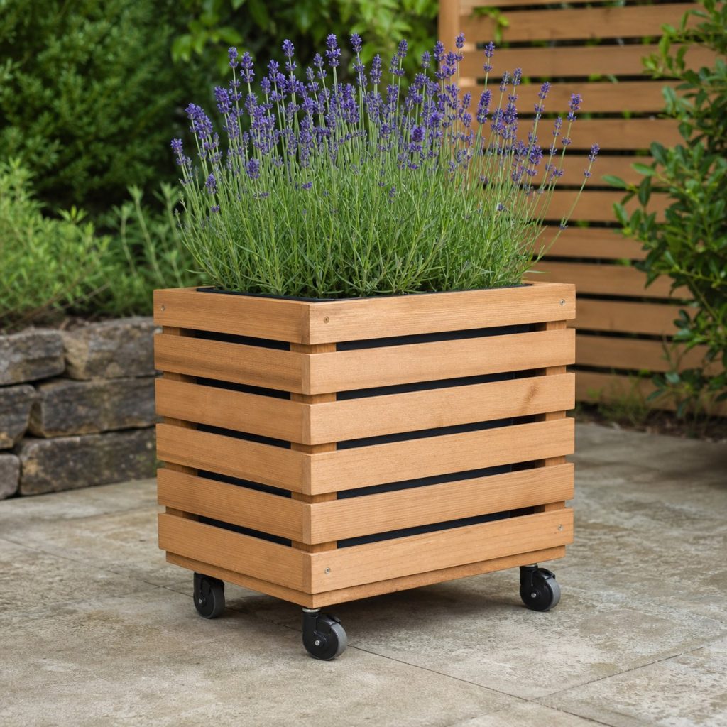 Wooden slatted mobile planter sleeve holding a separate rectangular inner container