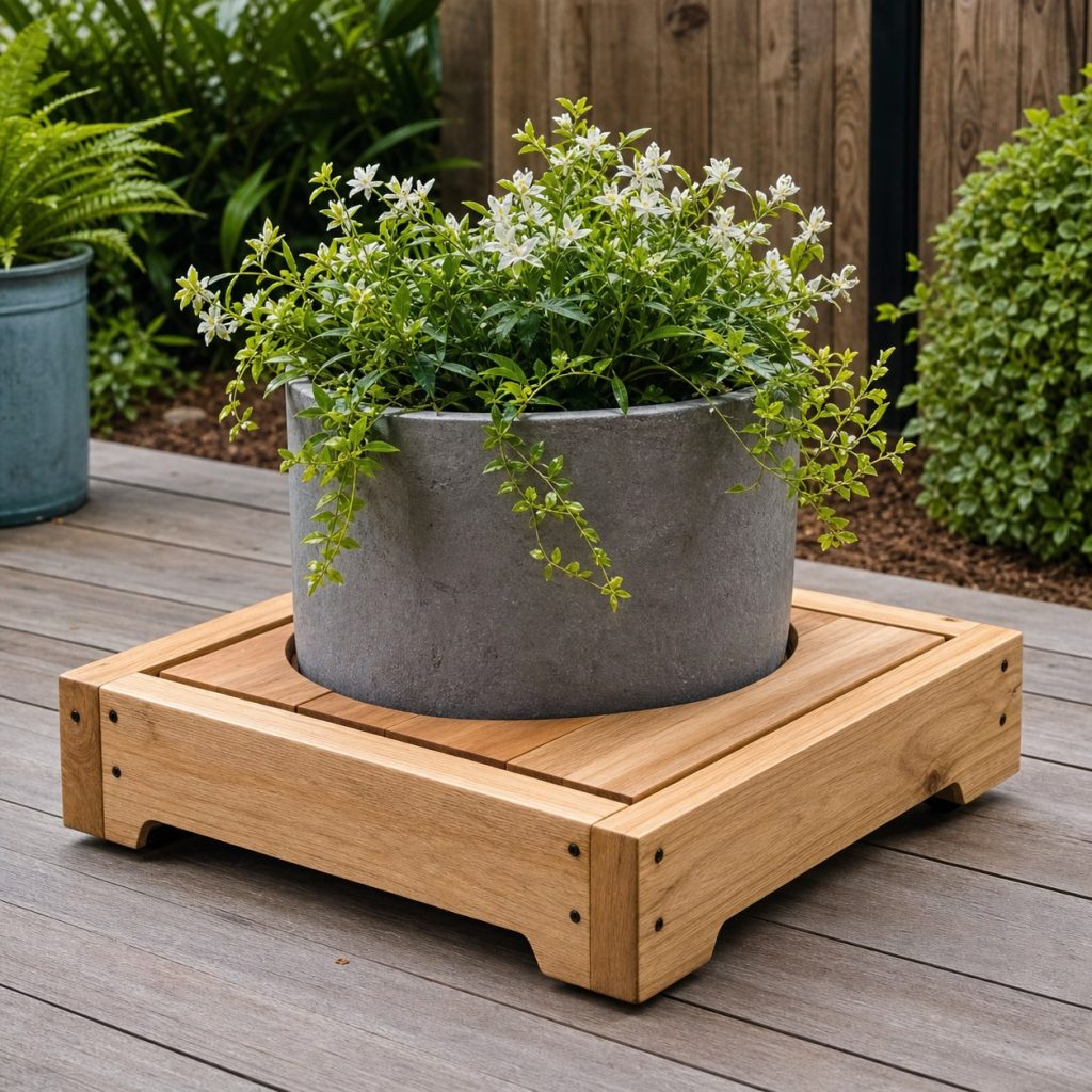 Square wooden plant caddy with recessed pot and four concealed locking casters
