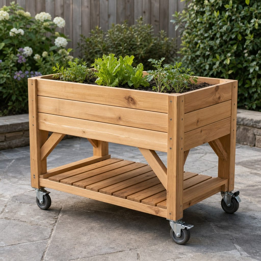 Raised wooden planter cart with deep box, cross braces, and large locking wheels