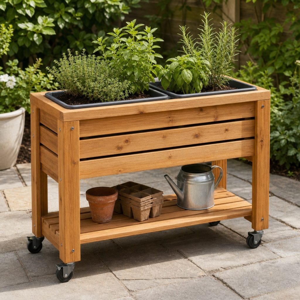 Long wooden planter cart holding two removable lightweight planting bins