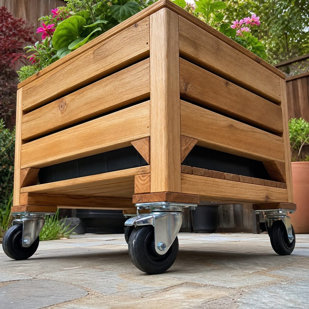 Close view beneath wooden planter cart showing rated caster plates, blocking, drain tray, and braced rails