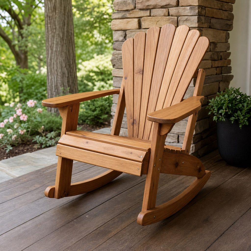 Wooden outdoor rocker with a broad fan-shaped slatted back on a covered porch