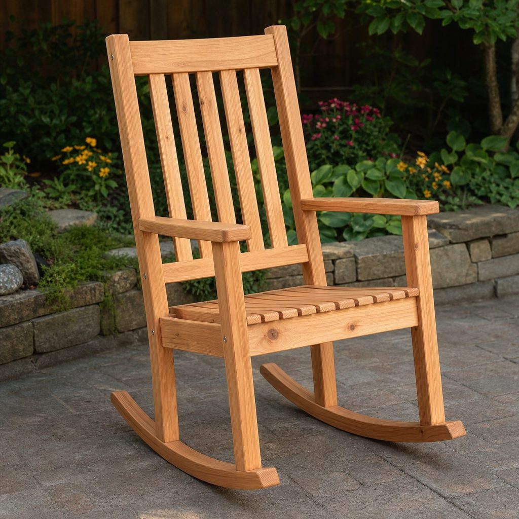 Upright wooden porch rocker with higher seat and gently curved runners