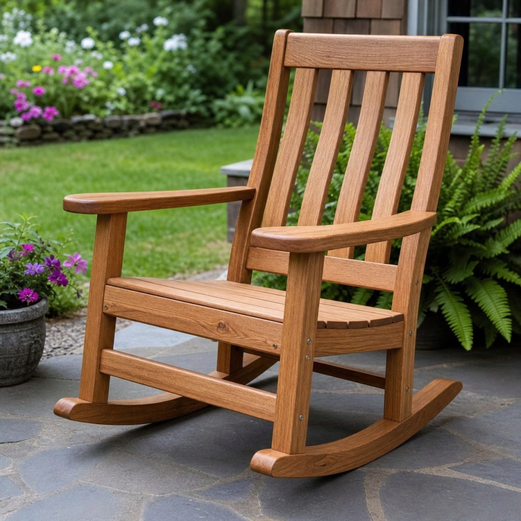 Wooden porch rocking chair with broad rounded arms and supportive back