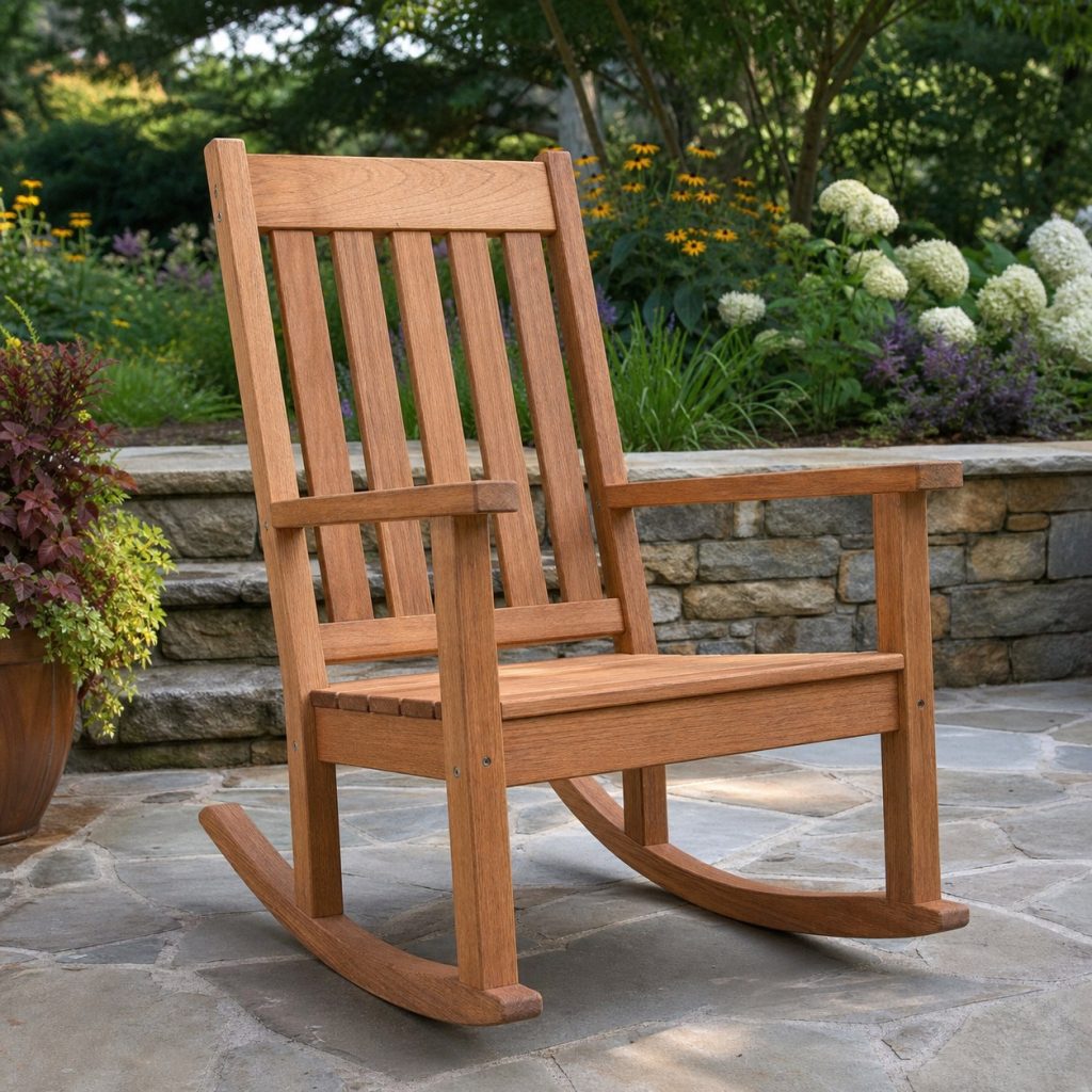 Mission-style wooden outdoor rocking chair with square rails and simple slats