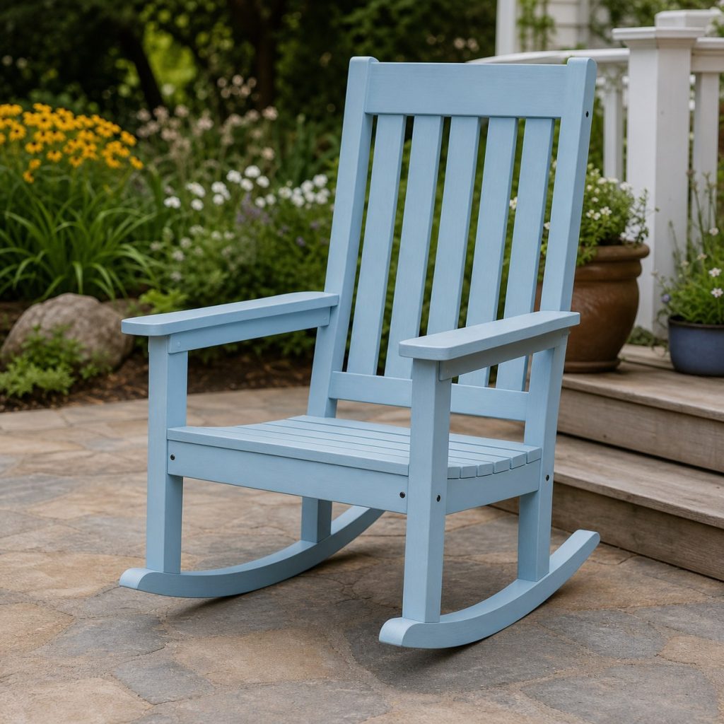 Painted wooden porch rocker with sealed smooth boards and no loose finish