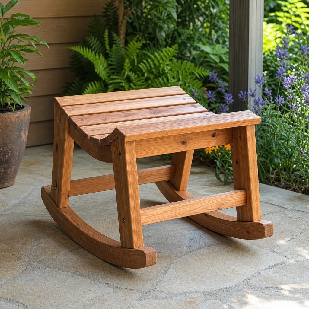 Compact armless wooden garden rocker on a level sheltered patio