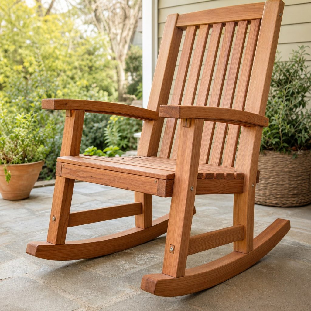 Close view of matched wooden rocker runners, leg joints, stretchers, flush bolts, and sealed end grain