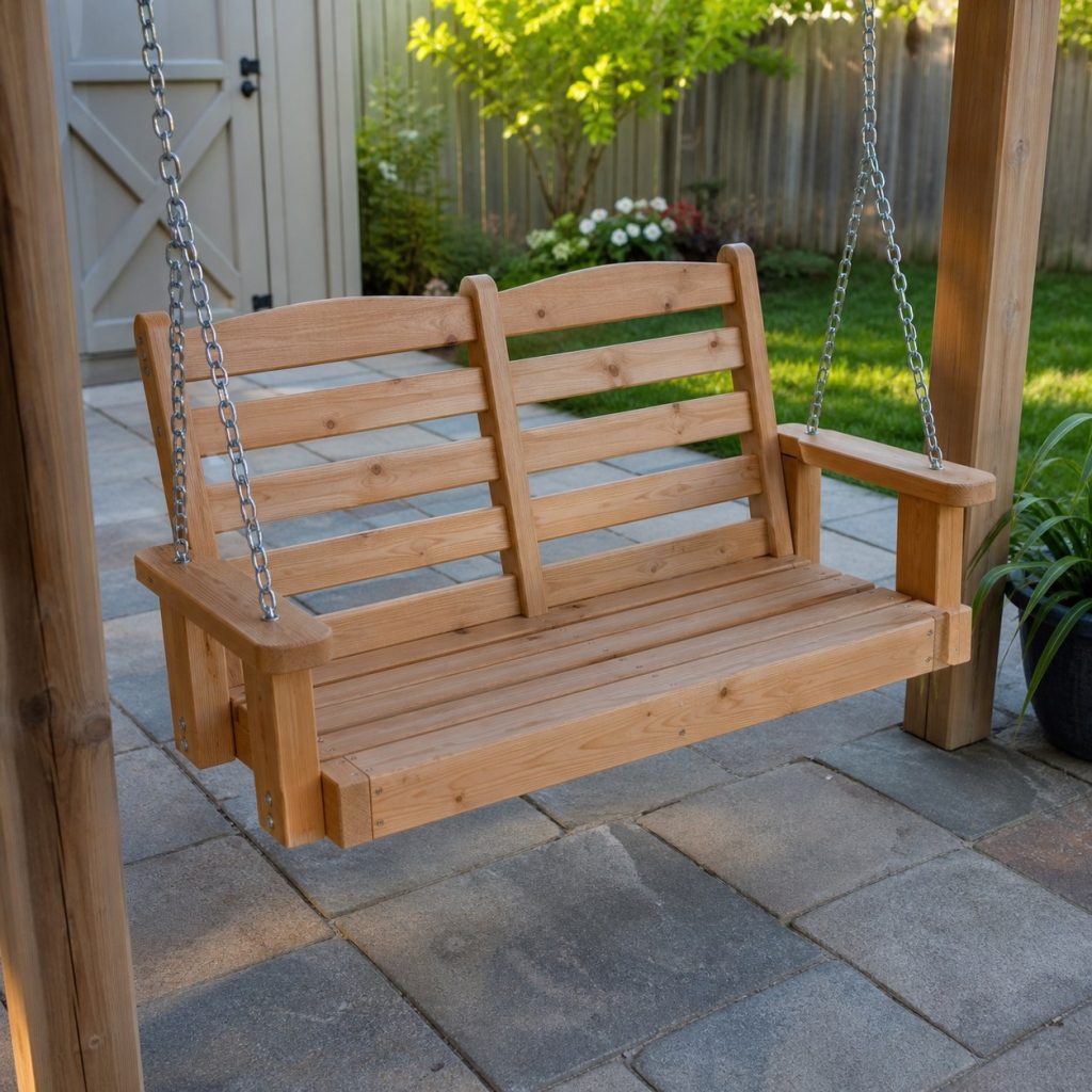 Compact two-person wooden porch swing with ladder back and broad arms