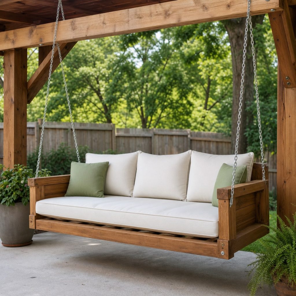 Deep wooden porch swing with outdoor cushions open slatted base and four hangers