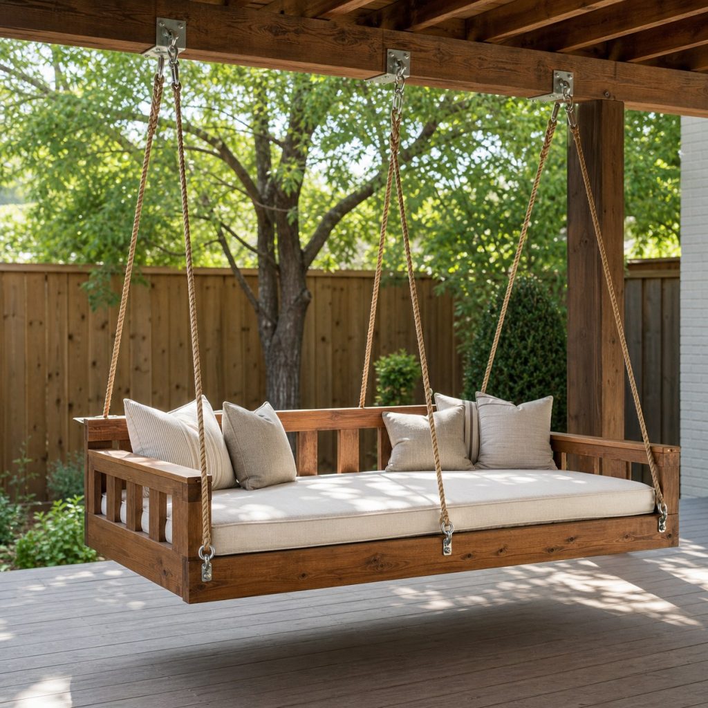 Wide wooden porch swing daybed with mattress cushion six suspension points