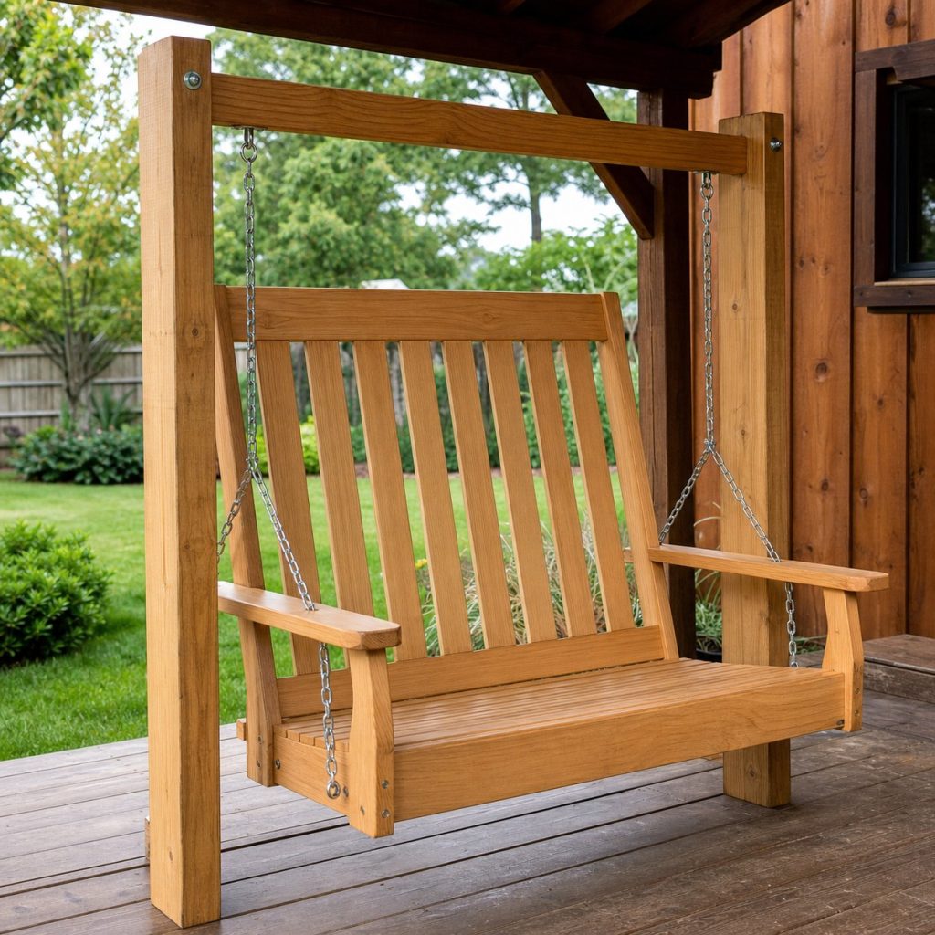 Wooden porch swing with tall slatted back head clearance and reinforced rear posts