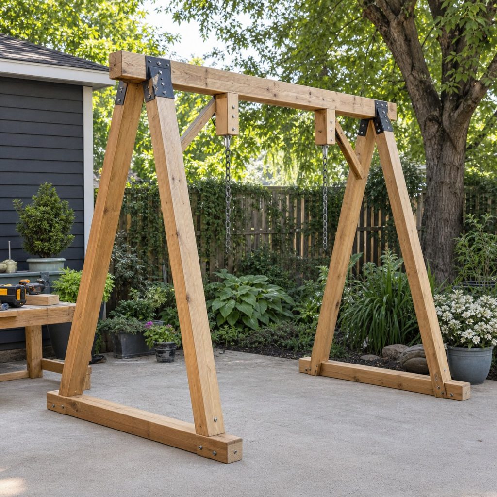 Porch swing frame under assembly with side frames rails braces and suspension blocks