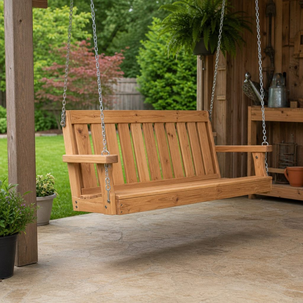 Wooden porch swing hanging over clear floor area with side and rear travel space