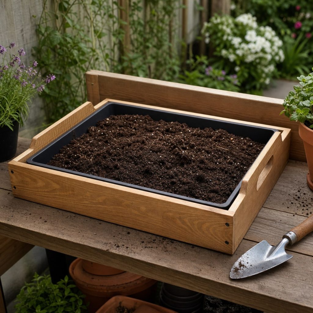 Wooden tray holding a fitted removable plain waterproof inner tray with loose potting mix