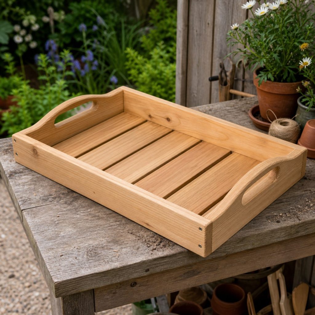 Wooden garden potting tray with two rounded side handles and empty work area