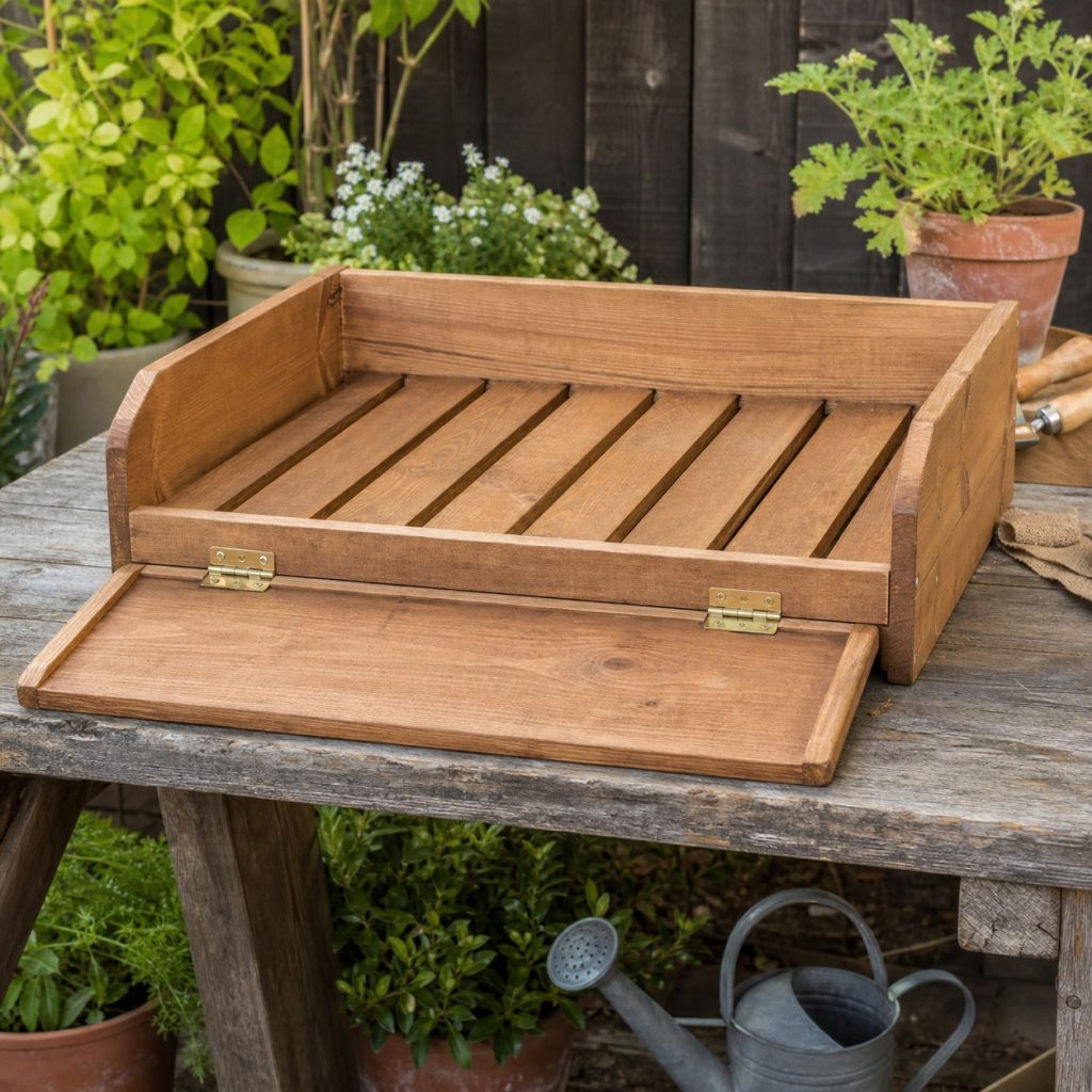 Wooden potting tray with hinged low front panel opened flat on a workbench