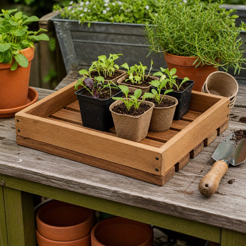 Small wooden potting tray for seedling pots on an outdoor worktable