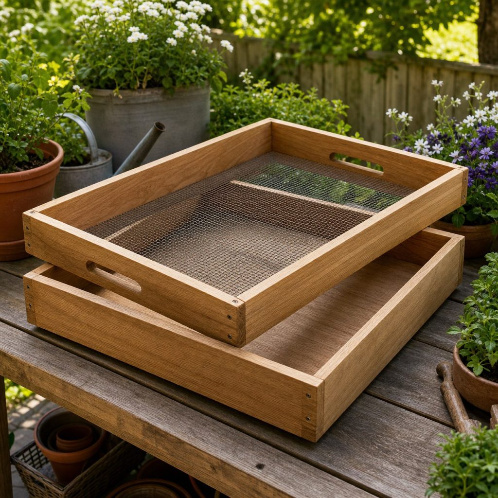 Wooden potting tray with removable coarse screen insert above a collection pan