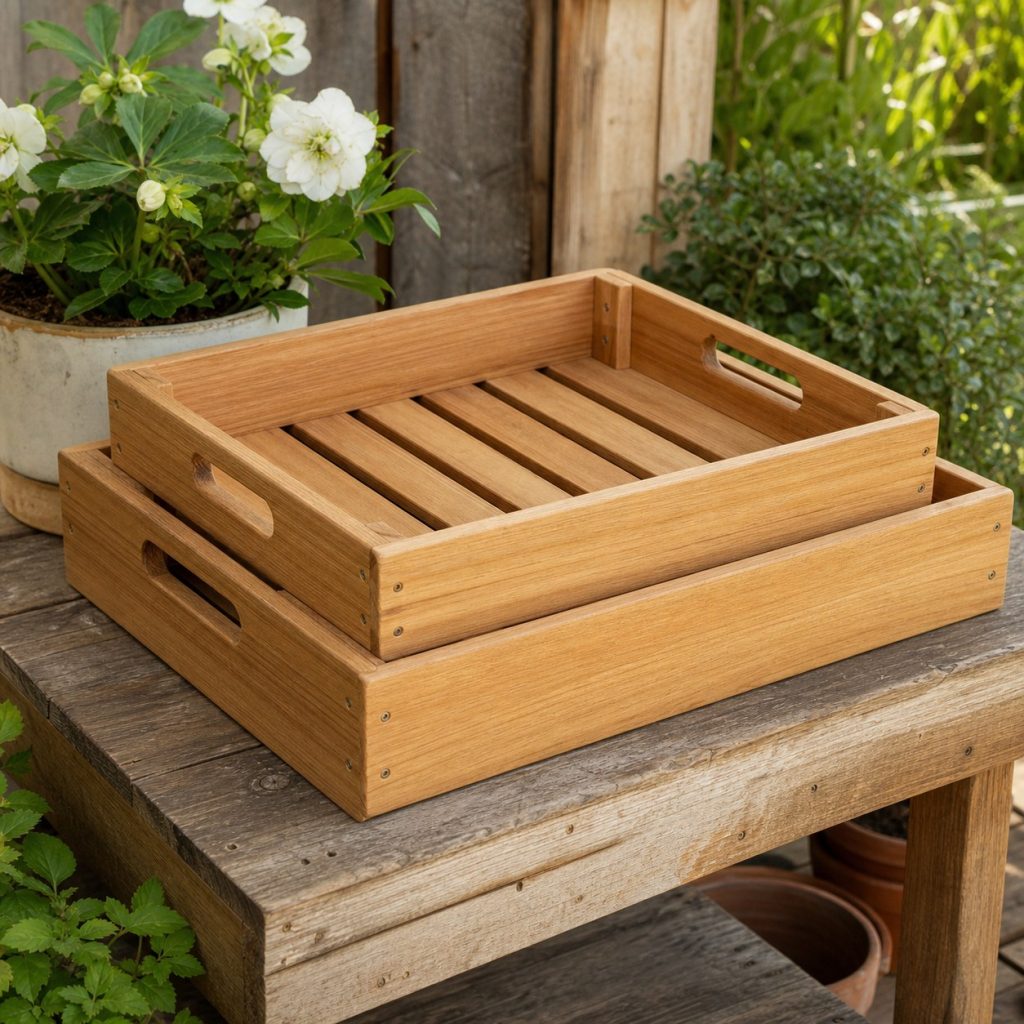 Two shallow wooden potting trays nested neatly for dry storage